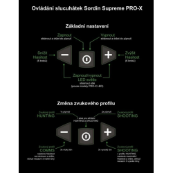 Sordin střelecká sluchátka Supreme Pro-X LED - černé mušle, černá kůže, gelové náušníky, LED světlo
