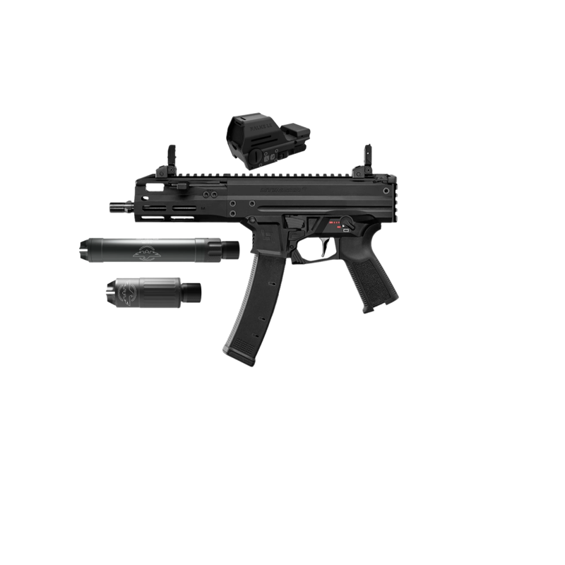 Výhodný set: Lineární kompenzátor G.I.S. HP9 TRI-LUG + Kolimátor Falke LE Gen. + Lucansky Arms Stinger 9+ Lucansky Arms